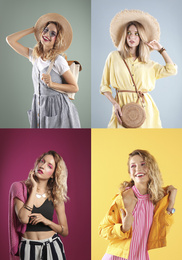 Collage of beautiful young woman posing on different color backgrounds