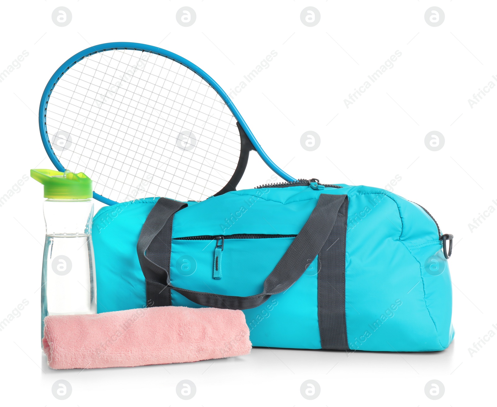 Photo of Sports bag and gym stuff on white background