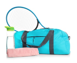 Sports bag and gym stuff on white background