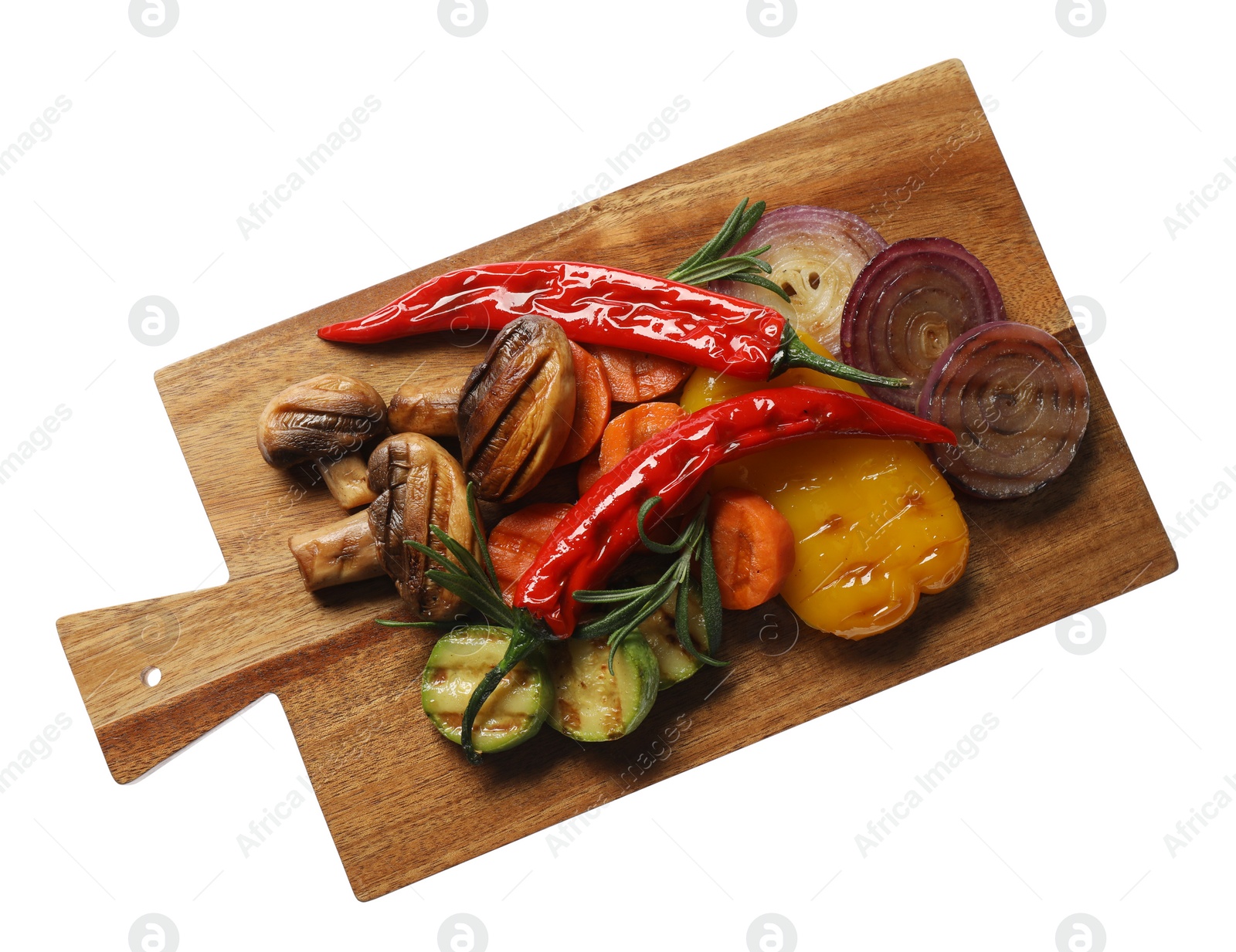 Photo of Different delicious grilled vegetables on white background, top view