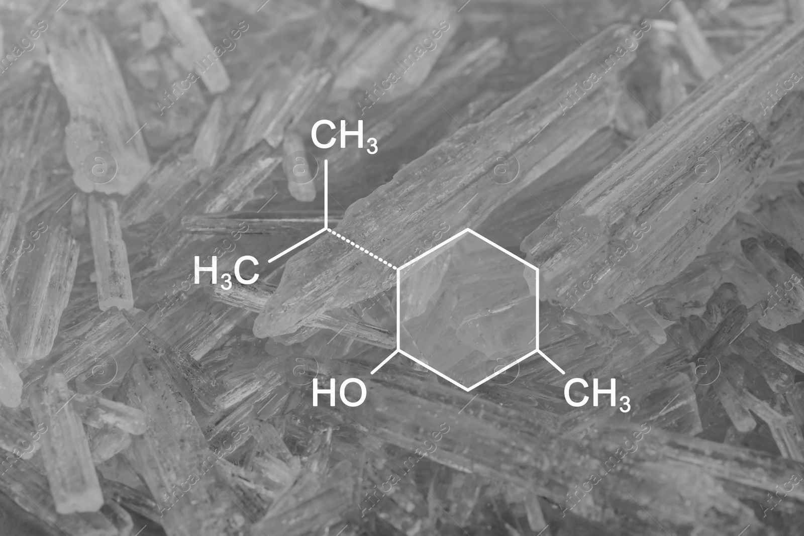 Image of Illustration of chemical formula and menthol crystals as background, top view 