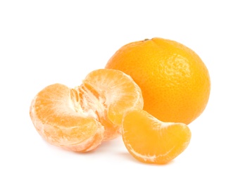 Photo of Tasty ripe tangerines on white background. Citrus fruit