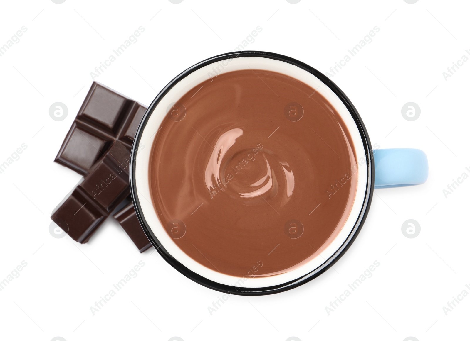 Photo of Yummy hot chocolate in mug on white background, top view