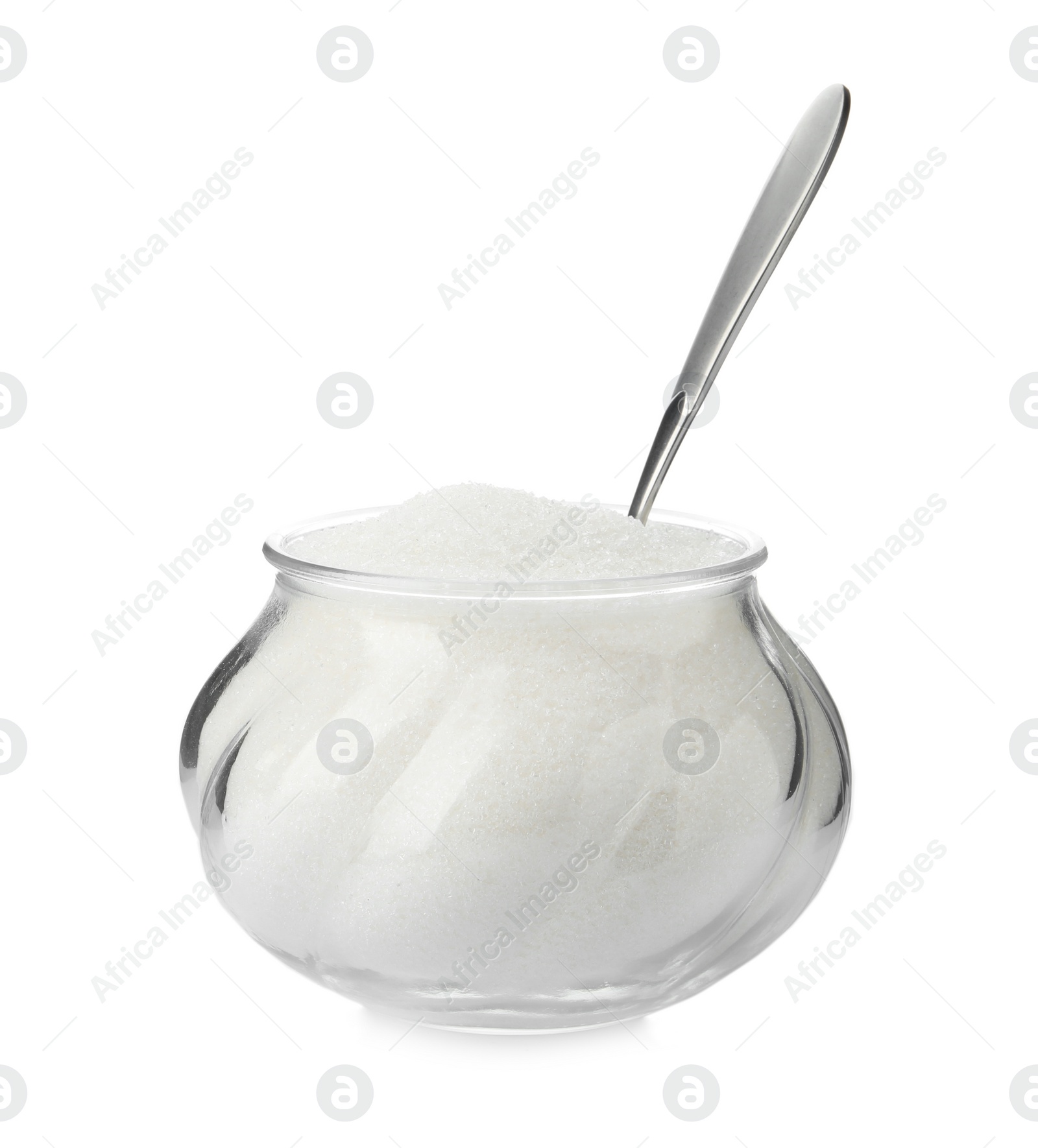 Photo of Glass bowl with sugar and spoon isolated on white