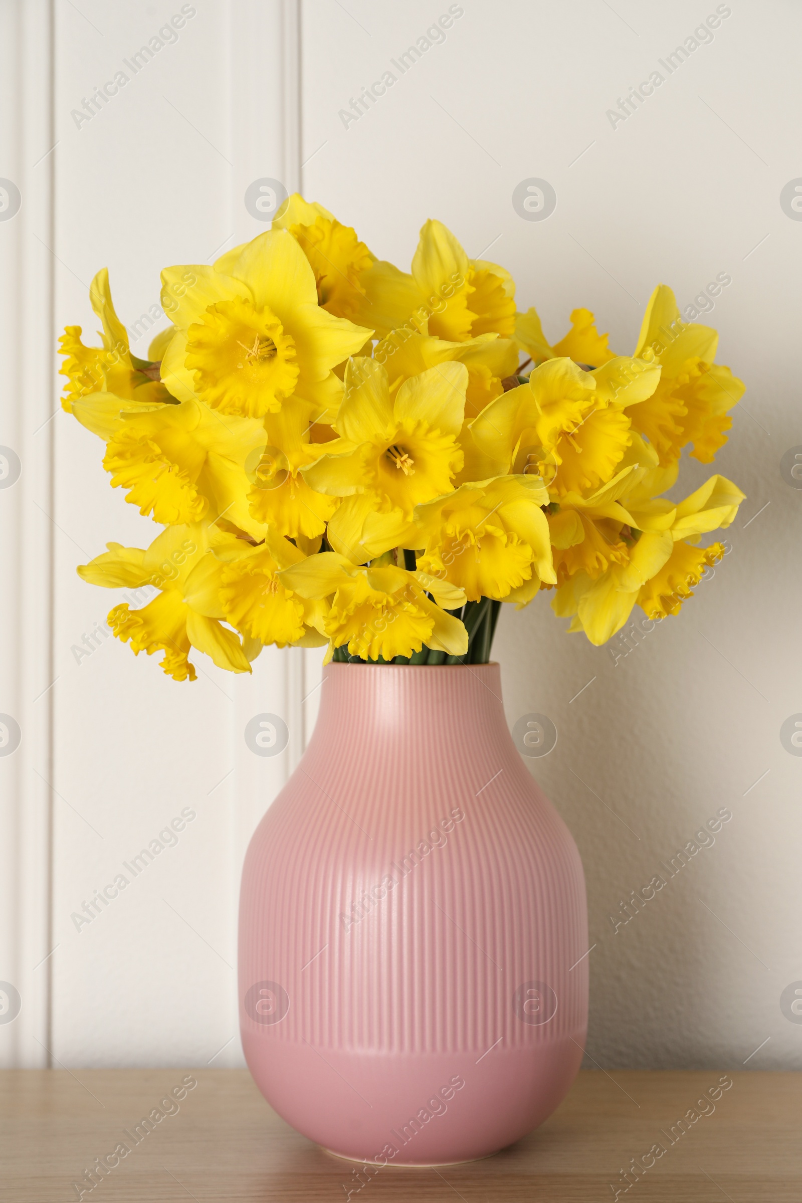 Photo of Beautiful daffodils in vase on table near white wall indoors