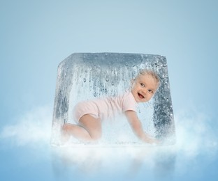 Image of Cryopreservation as method of infertility treatment. Baby in ice cube on light blue background