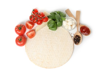 Photo of Composition with pizza crust and fresh ingredients isolated on white, top view