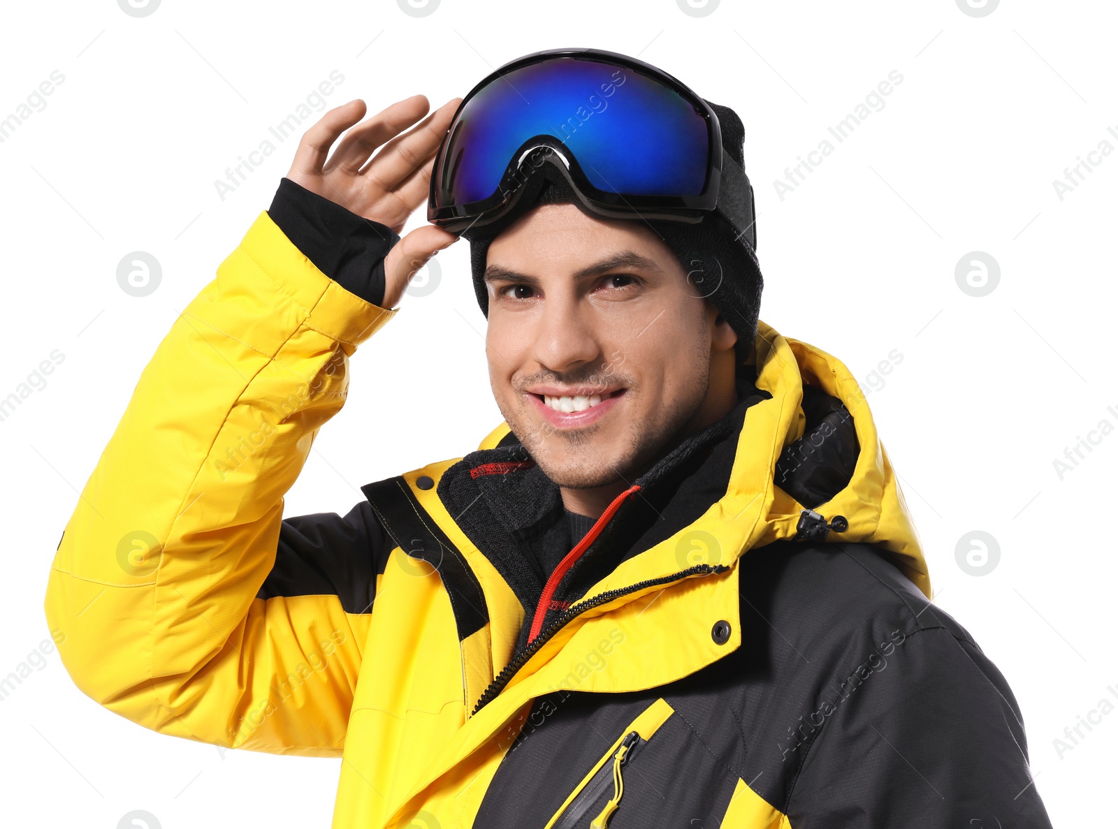 Photo of Man wearing stylish winter sport clothes on white background