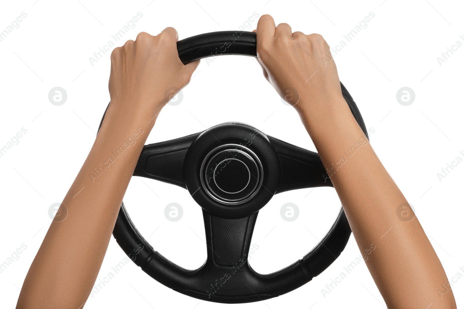 Photo of Woman with steering wheel on white background, closeup