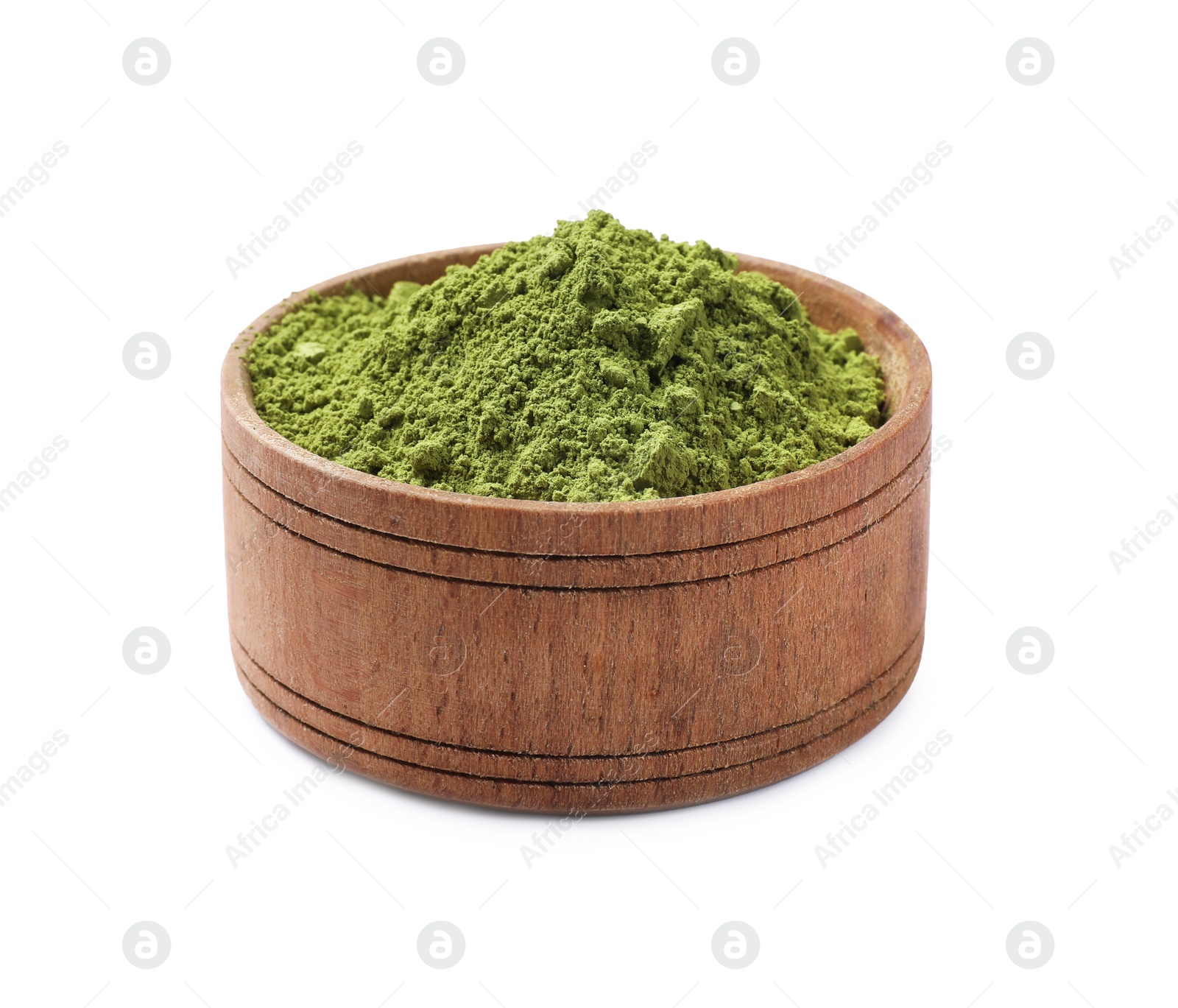 Photo of Green matcha powder in bowl isolated on white