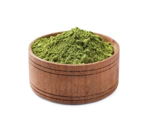 Photo of Green matcha powder in bowl isolated on white