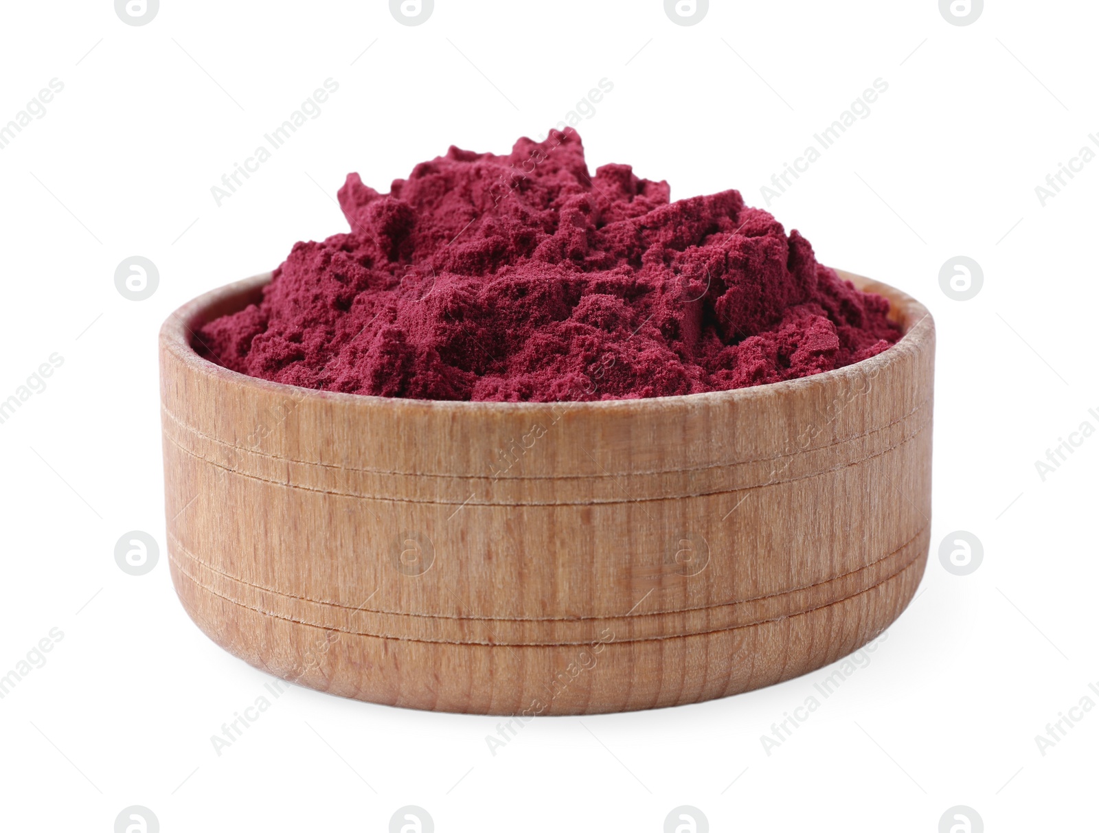 Photo of Wooden bowl of acai powder on white background