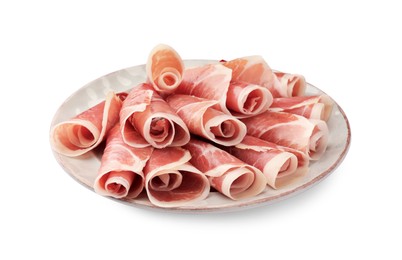 Photo of Plate with rolled slices of delicious jamon isolated on white