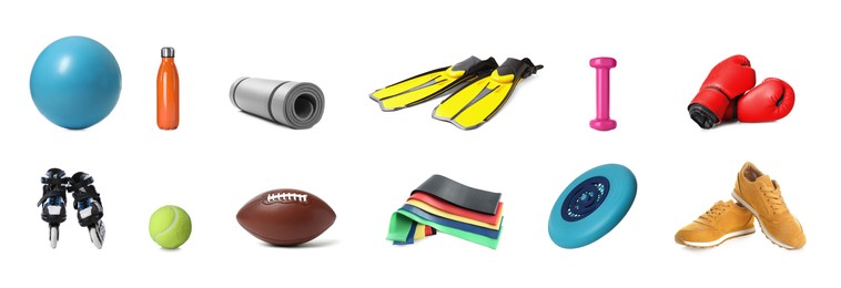 Image of Set with different sports tools on white background. Banner design