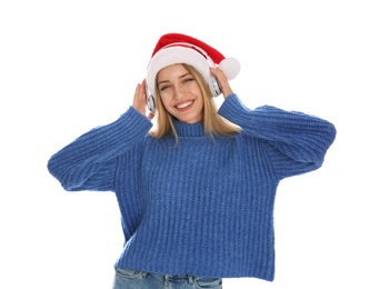 Photo of Happy woman with headphones on white background. Christmas music