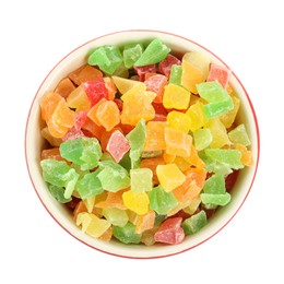 Mix of delicious candied fruits in bowl isolated on white, top view