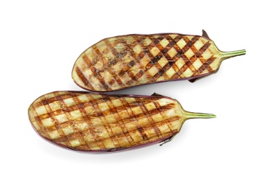 Delicious grilled eggplant halves on white background, top view
