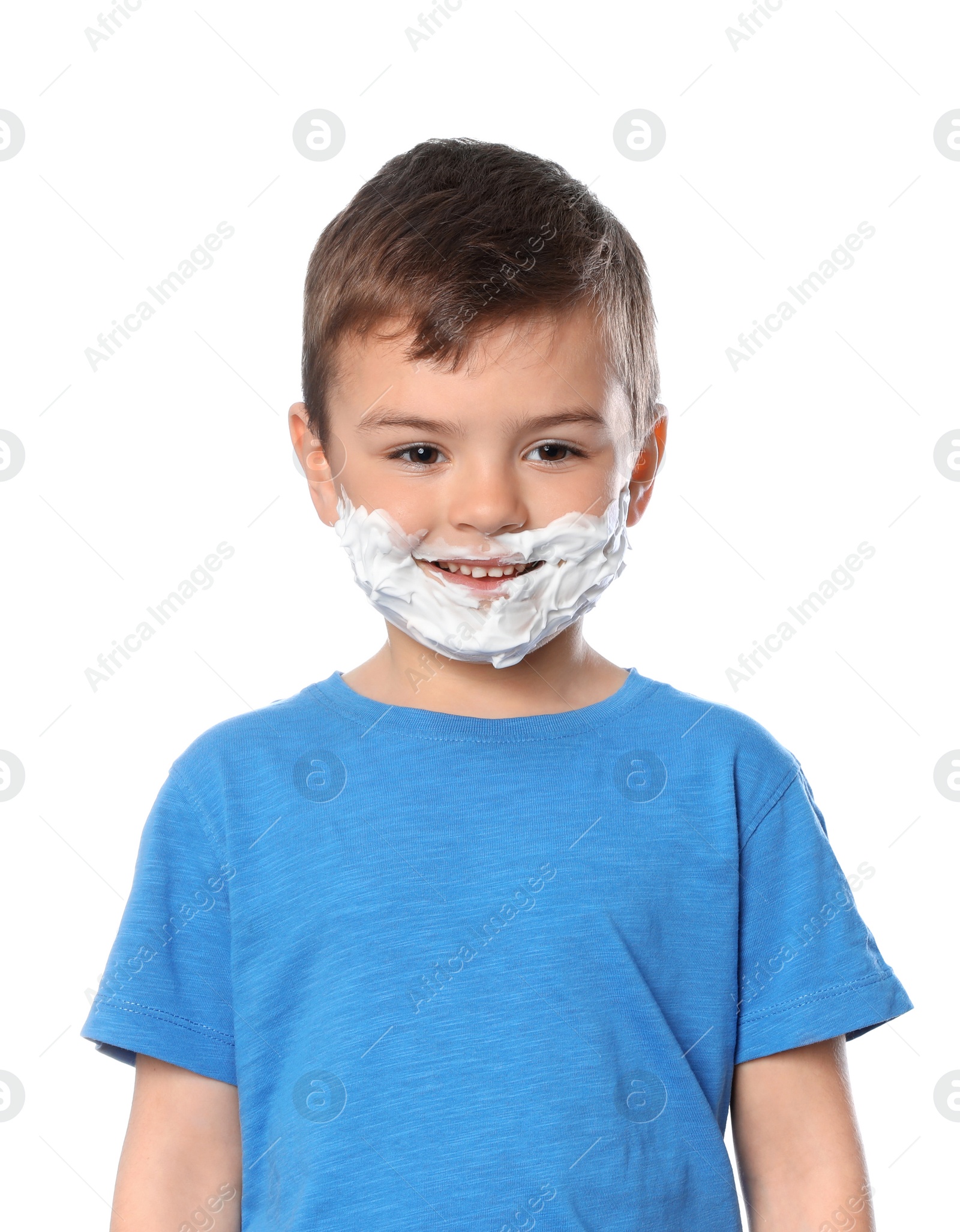 Photo of Cute little boy with shaving foam on his face against white background