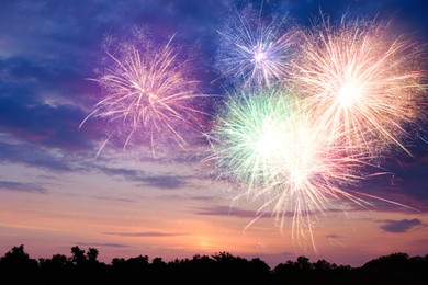 Image of Beautiful bright fireworks lighting up twilight sky outdoors