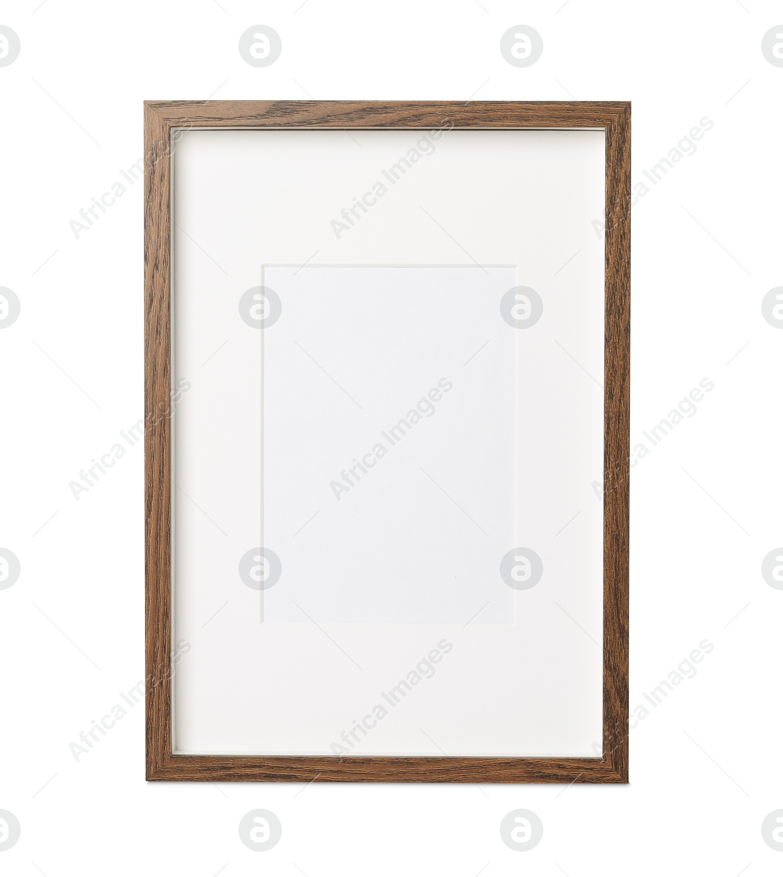 Photo of Empty wooden frame on white background. Space for design