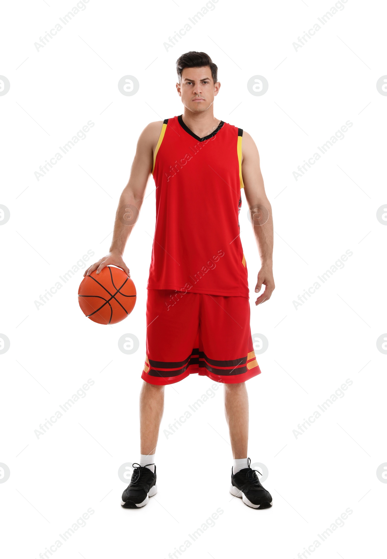 Photo of Basketball player with ball on white background