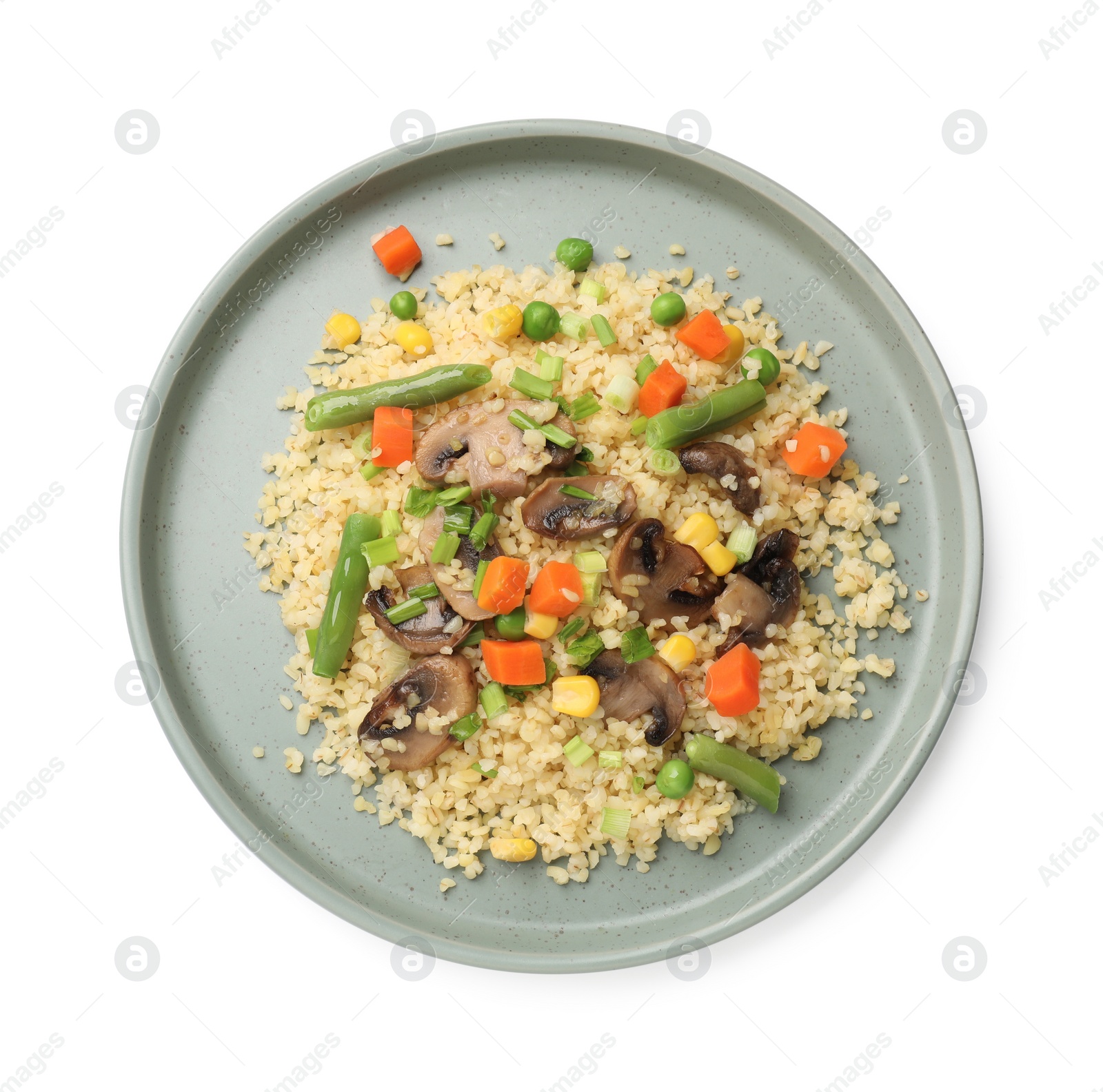 Photo of Delicious bulgur with vegetables and mushrooms isolated on white, top view