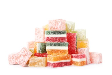 Photo of Pile of different tasty sweets on white background