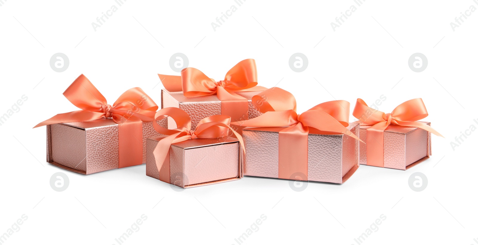 Photo of Many beautiful pink gift boxes on white background