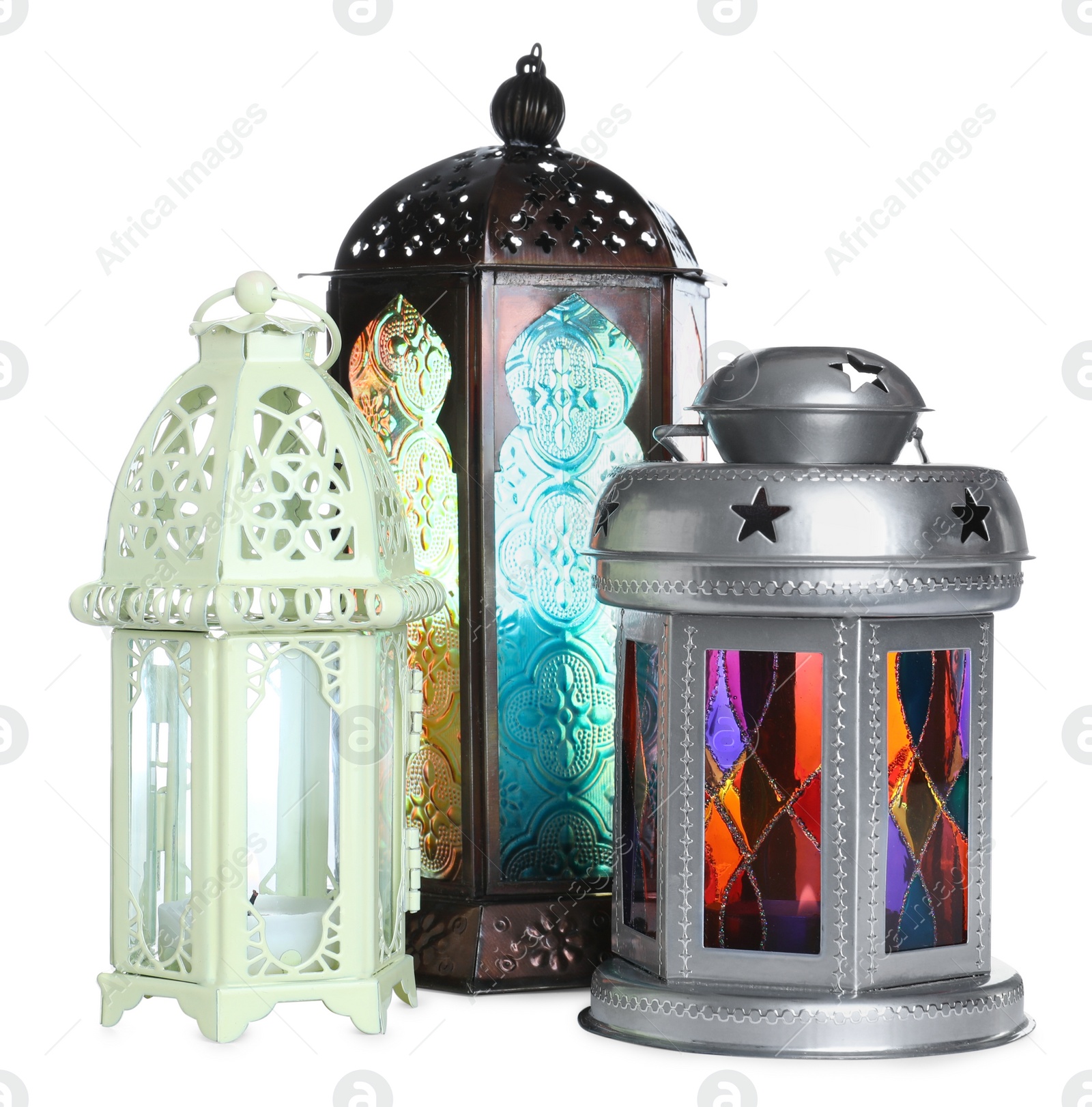 Photo of Different decorative Arabic lanterns on white background