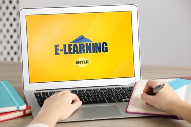 Woman using modern computer for studying at wooden table, closeup. E-learning