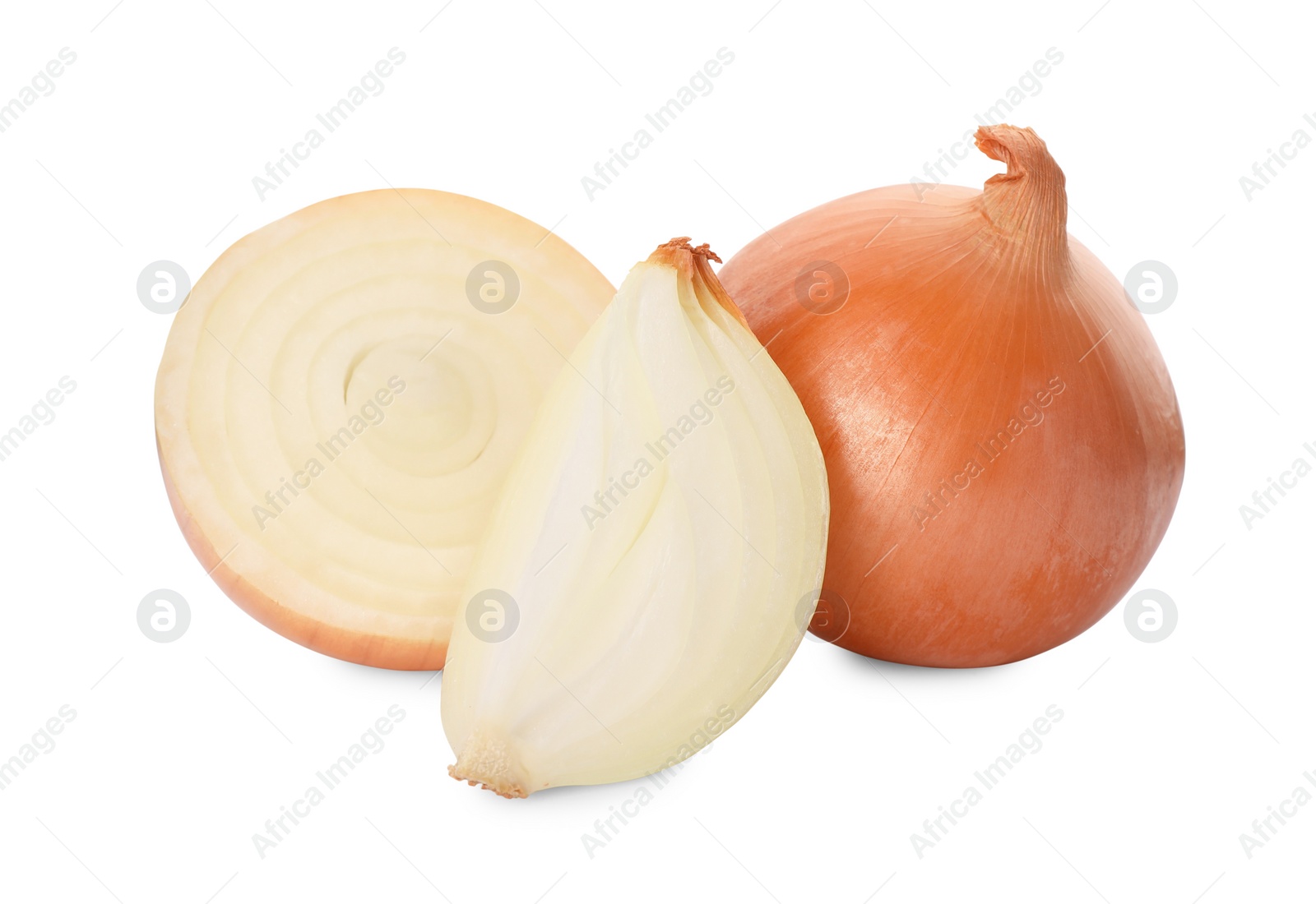 Photo of Whole and cut onions on white background