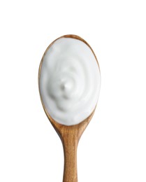 Photo of One wooden spoon with sour cream isolated on white, top view