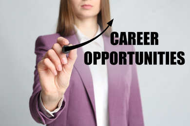 Image of Career opportunities concept. Woman with marker, closeup