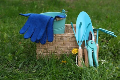 Photo of Wicker basket with bucket, gloves and gardening tools on grass outdoors