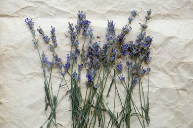 Photo of Beautiful lavender flowers on white crumpled paper, flat lay