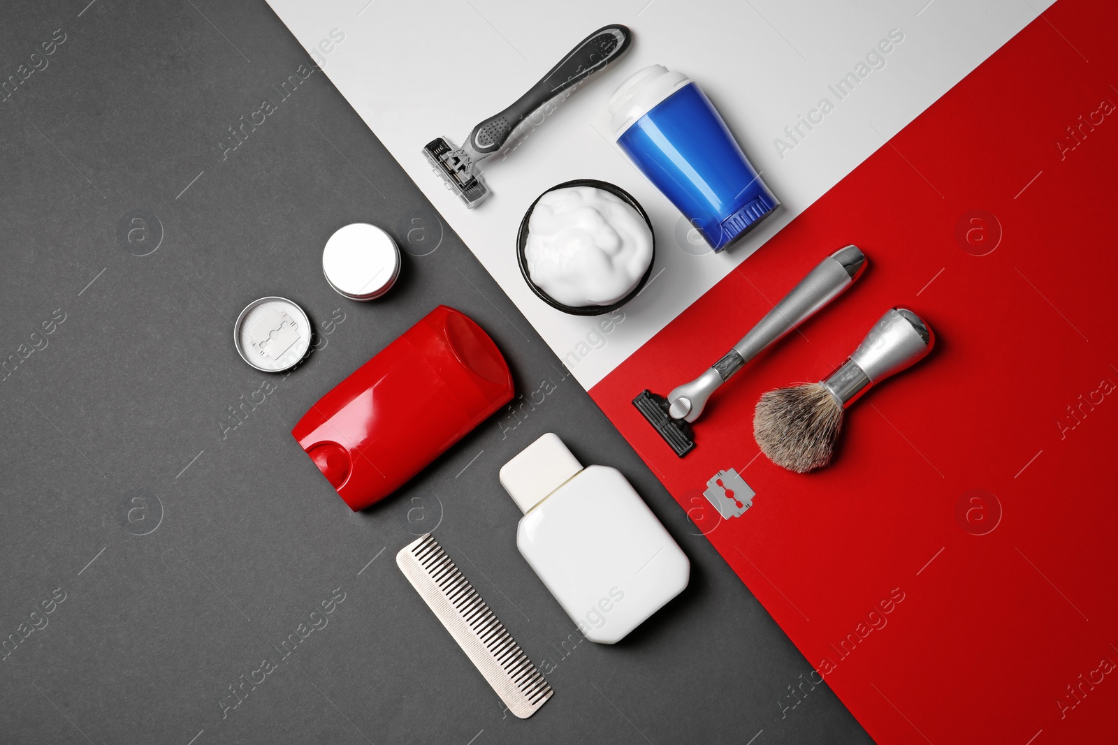 Photo of Flat lay composition with shaving accessories for men on color background