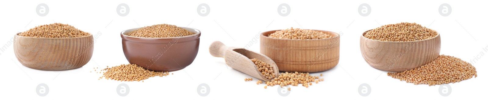 Image of Set with mustard seeds on white background. Banner design 