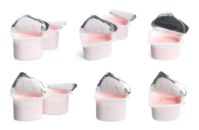 Image of Set of delicious natural yogurt on white background