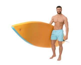 Photo of Handsome man with orange SUP board on white background