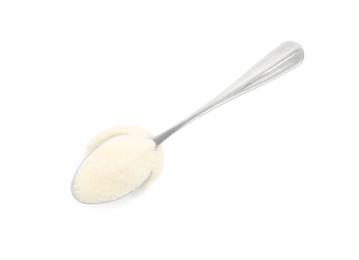 Photo of Spoon with gelatin powder isolated on white, top view