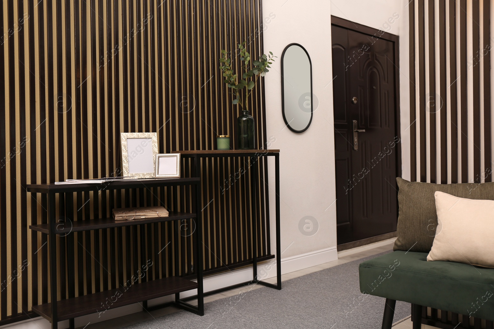 Photo of Modern hallway interior with console table and mirror