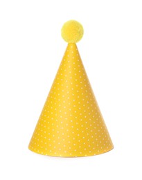 One yellow party hat with pompom isolated on white