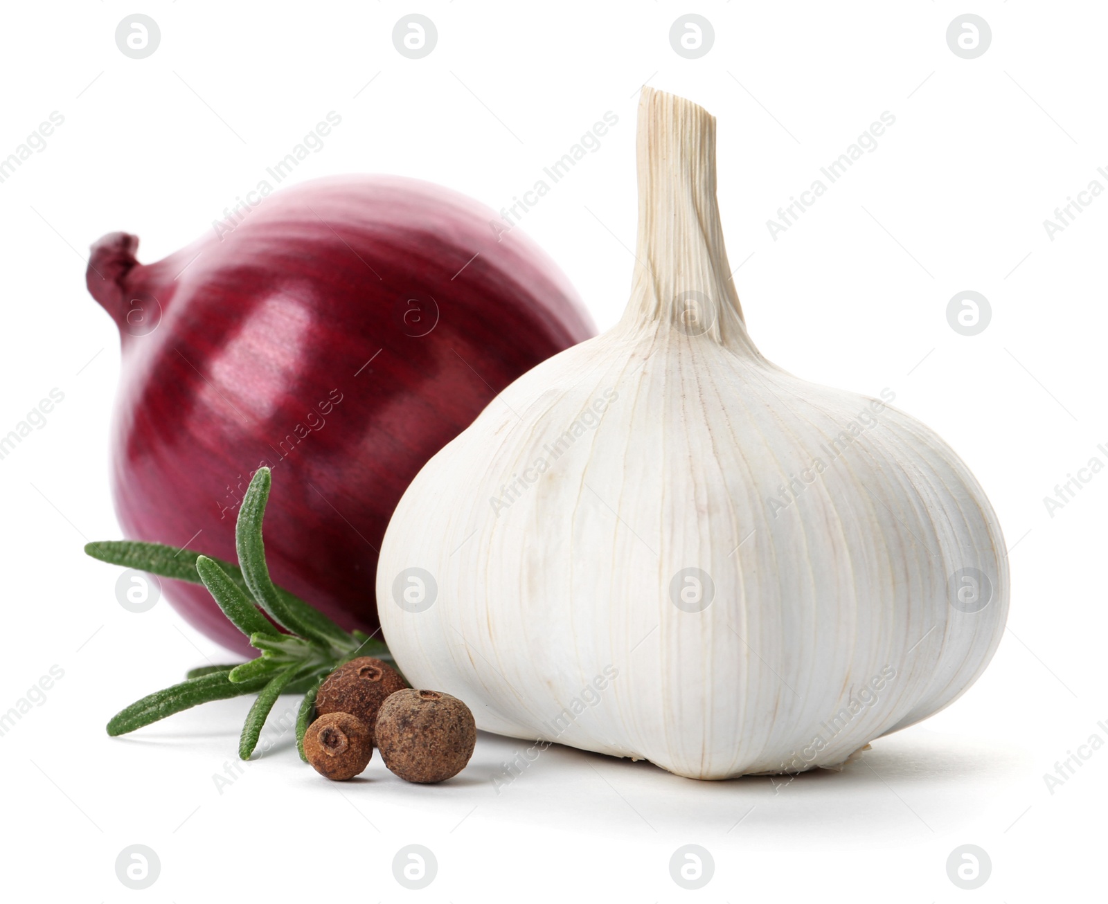 Photo of Garlic, onion, allspice and rosemary on white background