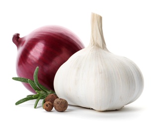 Photo of Garlic, onion, allspice and rosemary on white background