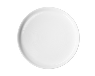 Photo of Ceramic plate with space for text on white background, top view. Washing dishes