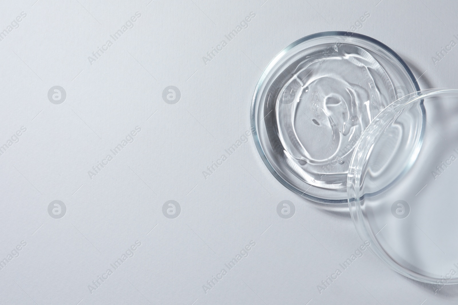 Photo of Petri dish with liquid on white background, top view. Space for text