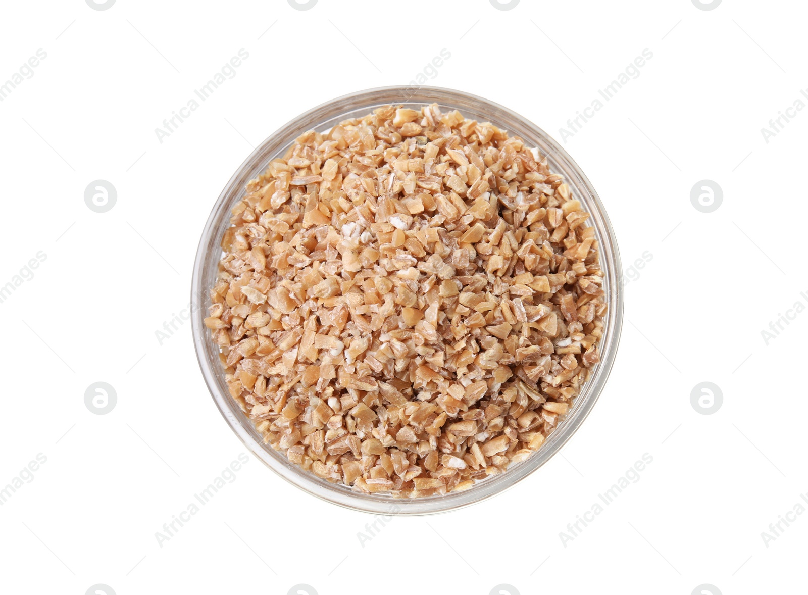 Photo of Dry wheat groats in bowl isolated on white, top view