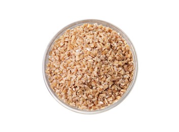 Photo of Dry wheat groats in bowl isolated on white, top view