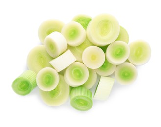 Photo of Fresh raw leek slices on white background