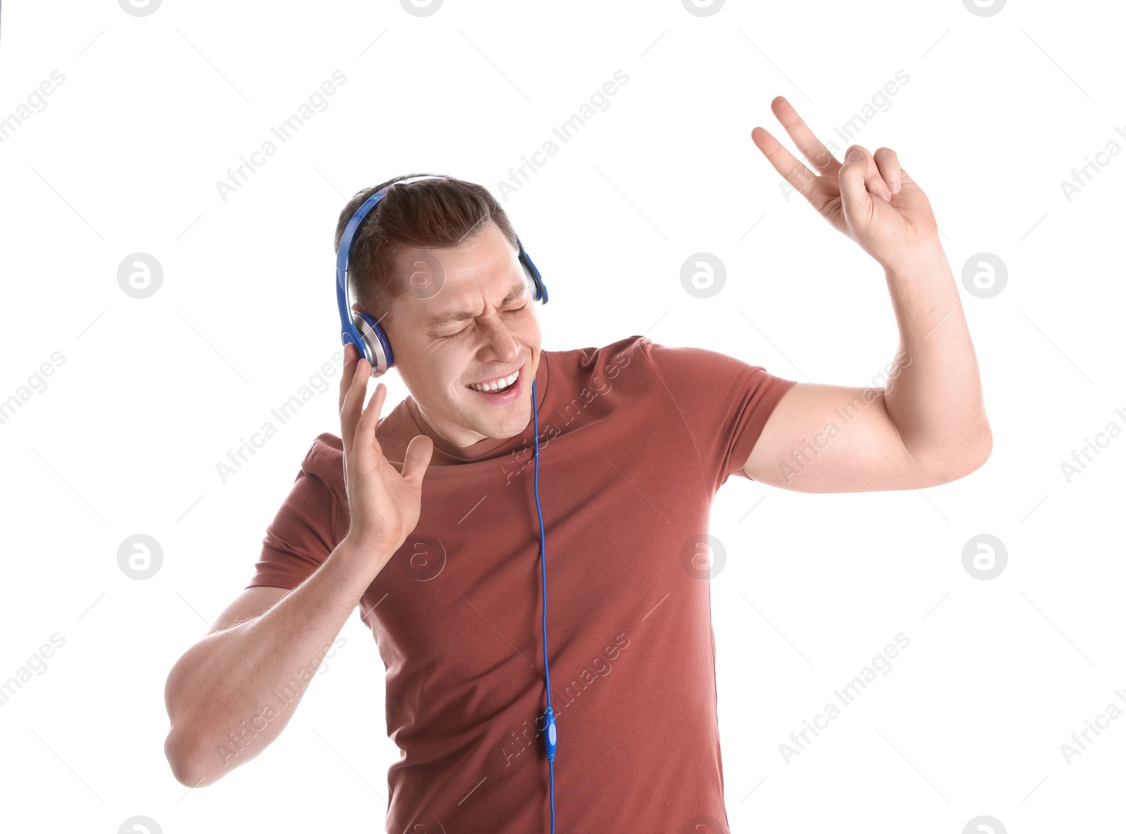 Photo of Man enjoying music in headphones on white background